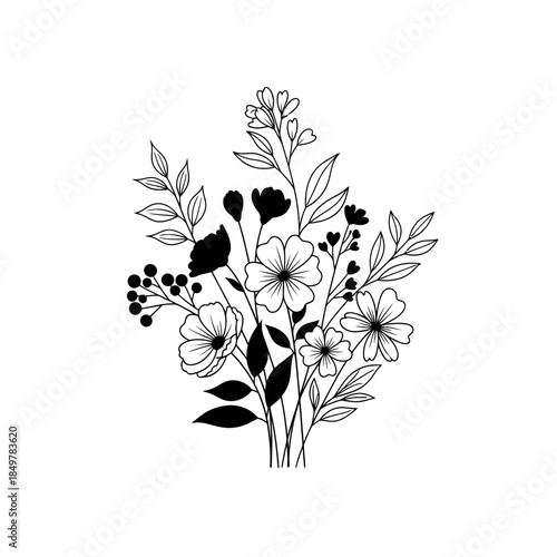 Elegant black and white botanical illustration showcasing diverse flowering plants and foliage in