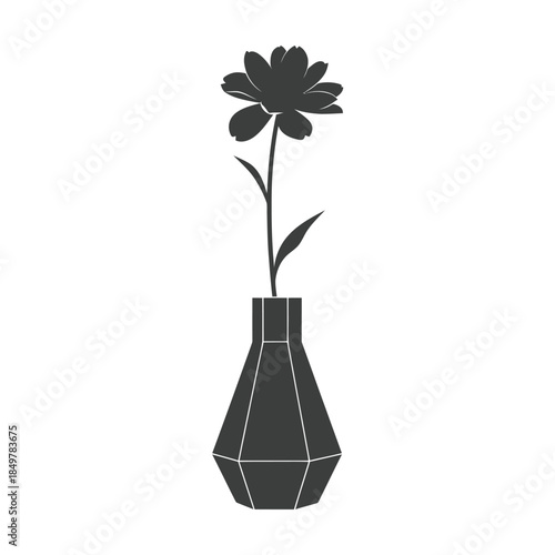 Minimalist black and white illustration of a single flower in a geometric vase with clean lines