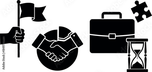 Flat black icons of handshake pie chart briefcase hourglass and hand holding flag symbolizing business success partnership and time management