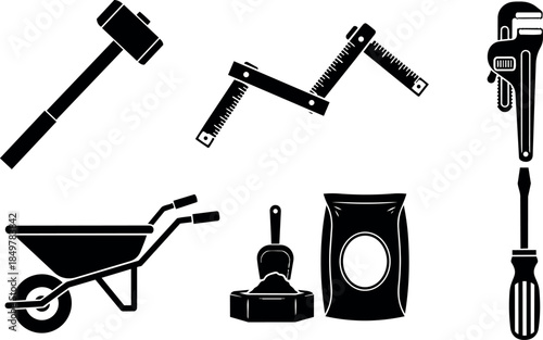 Black silhouette flat design tools including hammer wheelbarrow tape measure screwdriver wrench shovel and cement bag icons set isolated