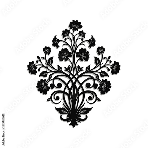 Elegant black floral ornamental design with intricate symmetrical patterns embodying