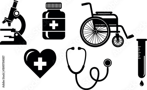 Black medical icons set microscope pill bottle wheelchair stethoscope heart syringe drop vector illustration