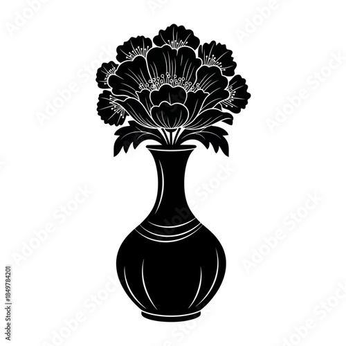 Elegant black silhouette of a blooming floral arrangement in a vintage style vase for artistic