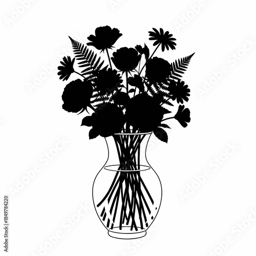 Elegant silhouette of a flower bouquet in a classic glass vase with detailed petals and lush foliage