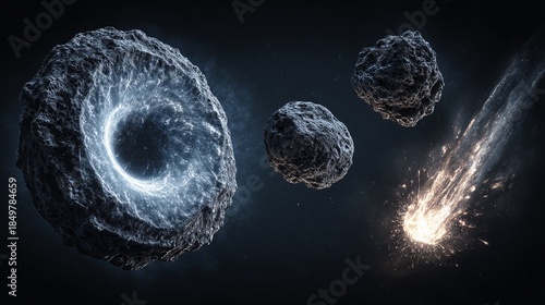 Cosmic spectacle: Asteroids drift in the void, one blazing with fiery trail. Space rocks caught in a celestial dance. A surreal scene from the deep cosmos. Stardust symphony.