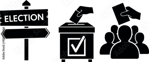 Black and white flat design election sign voting box ballot hand dropping silhouette crowd group democratic process