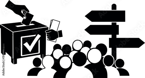 Black silhouette crowd waiting in line with directional signpost and hand casting vote ballot into ballot box vector illustration