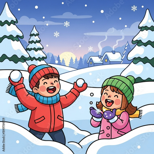 Winter Wonderland: Amidst a snowy landscape, two joyous children engage in a playful snowball fight, a scene of winter fun and childhood memories.