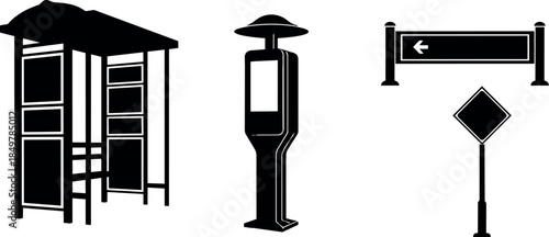 Black silhouette icons of bus stop shelter, parking meter, road signs with arrow and diamond shapes in minimal vector style