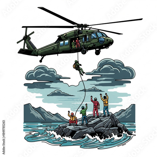 Helicopter Rescue Operation: A daring rescue unfolds as a helicopter hovers over a rugged coastline, lowering a rescuer to save individuals stranded on a rocky outcrop.