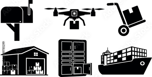 Black silhouette icons set includes mailbox drone carrying package hand truck warehouse storage lockers cargo ship transport collection