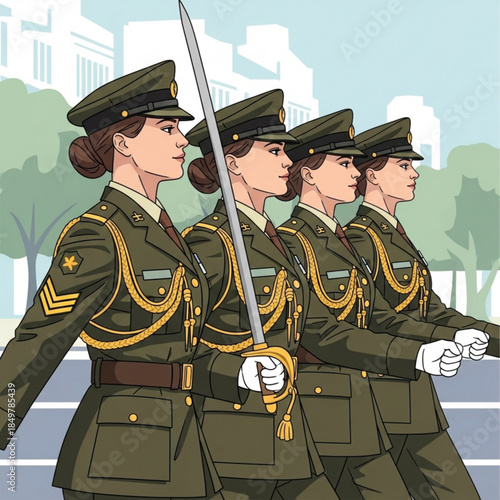 Military March: A squadron of women soldiers in impeccable uniform march in perfect synchronization, one holding a gleaming saber