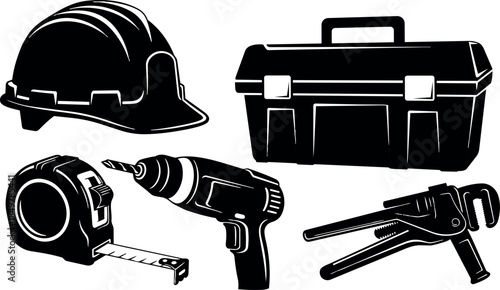 Black silhouette construction helmet toolbox cordless drill tape measure pipe wrench set vector illustration isolated