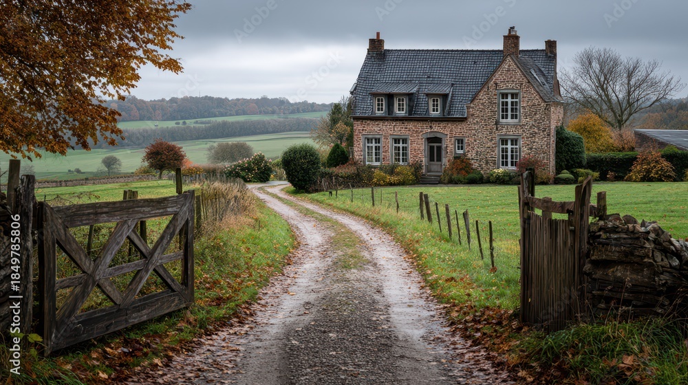 Obraz premium Quiet rural farmstead with brick and stone walls, steep gables, and a cloudy sky