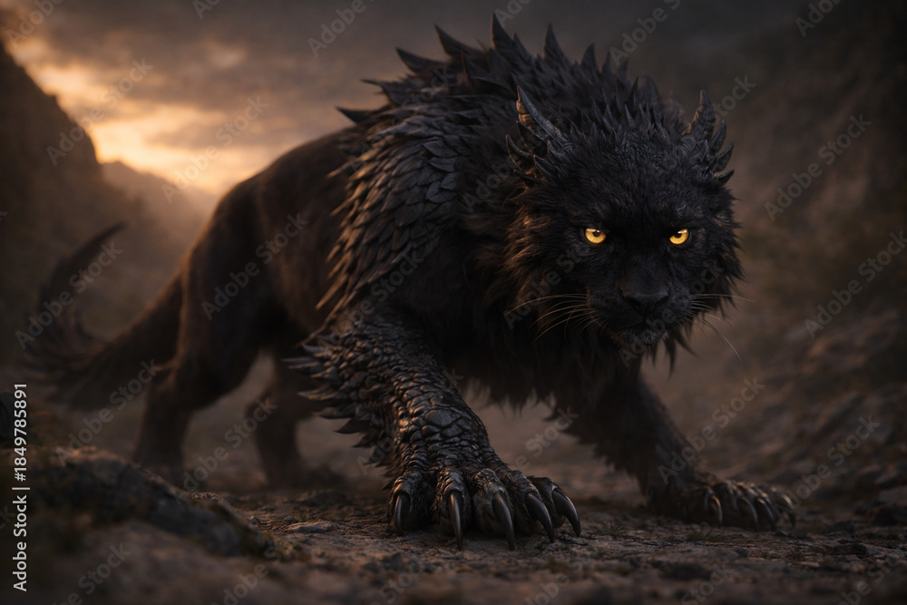 custom made wallpaper toronto digitalGepanzertes Fantasie-Raubtier mit goldenen Augen in mystischer Umgebung