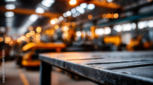 Industrial workbench with blurred background closeup of metal workbench in bustling industrial setting with blurred background of heavy machinery and warm lighting, defocused facility, with copy