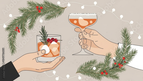 Festive Holiday Cocktail Party with Christmas Tree Branches and Glasses of Orange Drinks