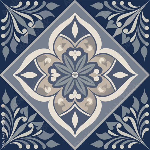 a symmetrical blue and gray tile design featuring floral motifs and intricate detailing suitable for vintage or classic aesthetics
