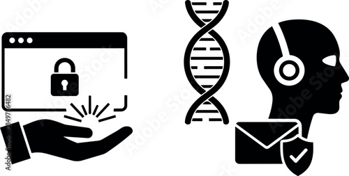 Flat design cybersecurity concept with hand holding locked browser and dna strand with person listening with headset and email shield icon