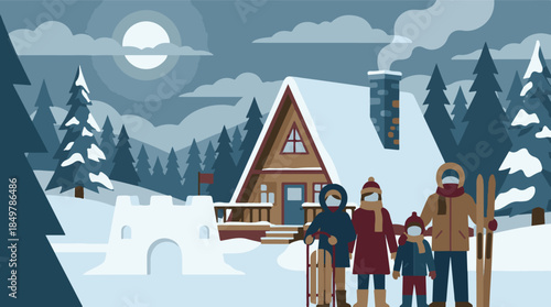 Family enjoying winter holidays and outdoor activities at a snowy mountain cabin