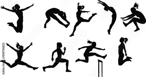Collection of black silhouettes featuring female athletes jumping, running, and hurdling, vector illustration isolated on white background, sports design elements.