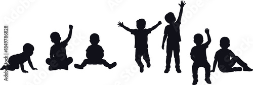 Collection of black silhouettes featuring playing children, crawling baby, sitting kids, and jumping boy, vector illustration isolated on white background.