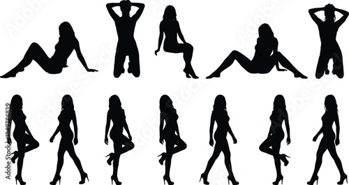 Collection of black silhouettes featuring sexy women posing, walking, sitting, and kneeling, vector illustration isolated on white background, fashion set.