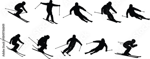 Collection of black silhouettes featuring skiers skiing downhill, jumping, and turning, vector illustration isolated on white background, winter sport set.
