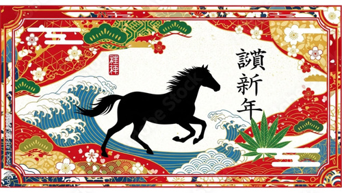 Majestic Black Horse Galloping Through Traditional Japanese Waves and Florals in Vintage Oriental Style Artwork