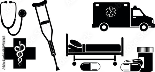 Black medical icons set with ambulance hospital bed crutch stethoscope pills and prescription bottle vector illustration