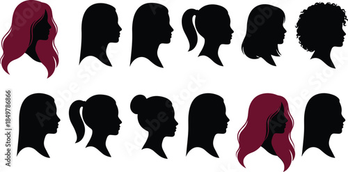 Collection of woman profile silhouettes featuring diverse hairstyles and red hair accents, vector illustration isolated on white background, set.