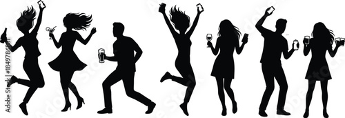Dancing and partying people silhouette vector set, group of men and women jumping, celebrating, and holding drinks at a lively party.