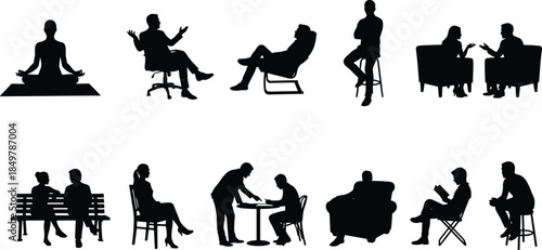 People sitting and relaxing in various poses silhouette collection, including meditation, conversations, working, and resting, representing social interaction, 