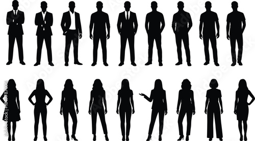 Professional business people full length silhouette collection, standing in various formal and casual poses, representing team, corporate  flat vector illustration