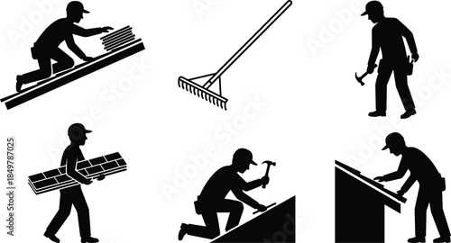 Professional Roofing, Construction, and Home Maintenance Worker Silhouette Icon Set, Showing Builders and Landscapers Using Tools, Vector Pictograms.