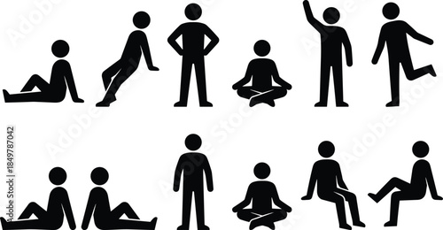 Set of black stick figure icons showing people sitting, standing, waving, and relaxing, vector illustration isolated on white background, design.