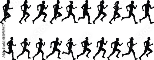 Runners and joggers silhouette vector set, dynamic men and women running for fitness, marathon, and healthy lifestyle graphic design collection.