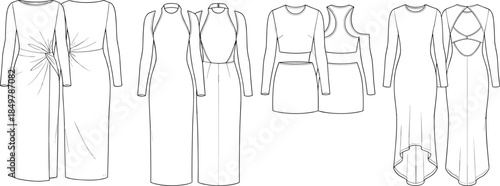 Set of fashion flat sketches, women dress technical drawing, vector illustration, front and back views, apparel design templates, clothing mockup collection.