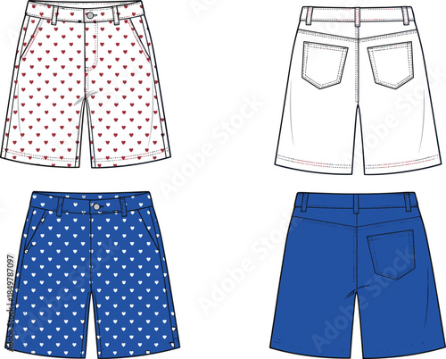 Set of women's denim shorts technical drawing, cute heart pattern print, vector illustration fashion flat sketch, front and back views.