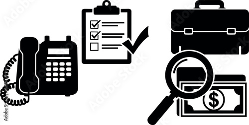 Black and white silhouette office phone clipboard checklist business briefcase money magnifying glass vector icons