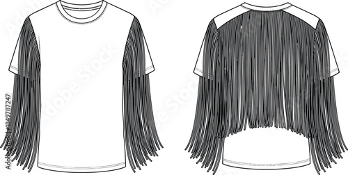 T-shirt fashion flat sketch, long fringe sleeve detail, technical drawing, vector illustration, western style apparel design, front and back views.