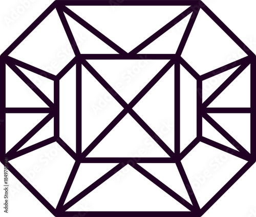 Geometric line illustration showing a faceted crystal gem