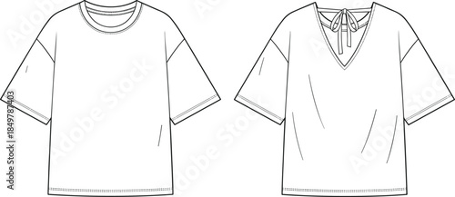 Women's oversized t-shirt fashion flat sketch, technical drawing, back tie detail, V-back design, vector illustration template, front and back views.
