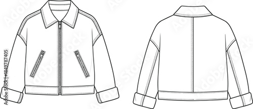 Women's Oversized Cropped Bomber Jacket Fashion Technical Drawing Template with Zip-Up Front and Cuffed Sleeves, Apparel Design Vector Illustration.