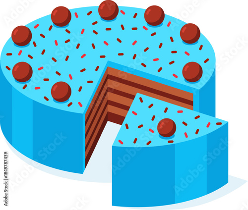 Colorful blue frosted chocolate layer cake with sprinkles