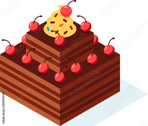 Isometric chocolate layer cake with red cherries and frosting