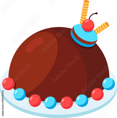 Chocolate dessert decorated with cherry and colorful candy