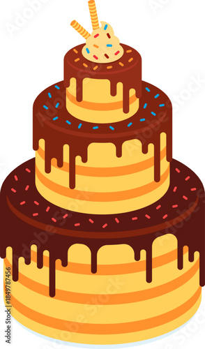 Three tiered chocolate cake with sprinkles and wafers