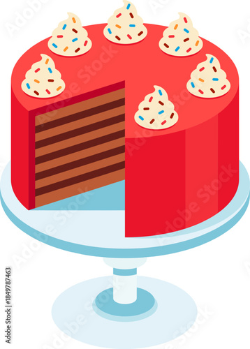 Red layer cake with a slice removed on stand