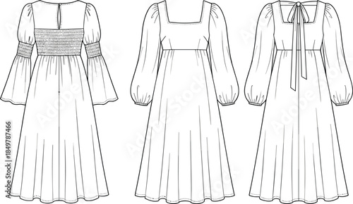 Women's puff sleeve maxi dress technical drawing, square neck fashion flat sketch, smocked back with tie, vector illustration template.